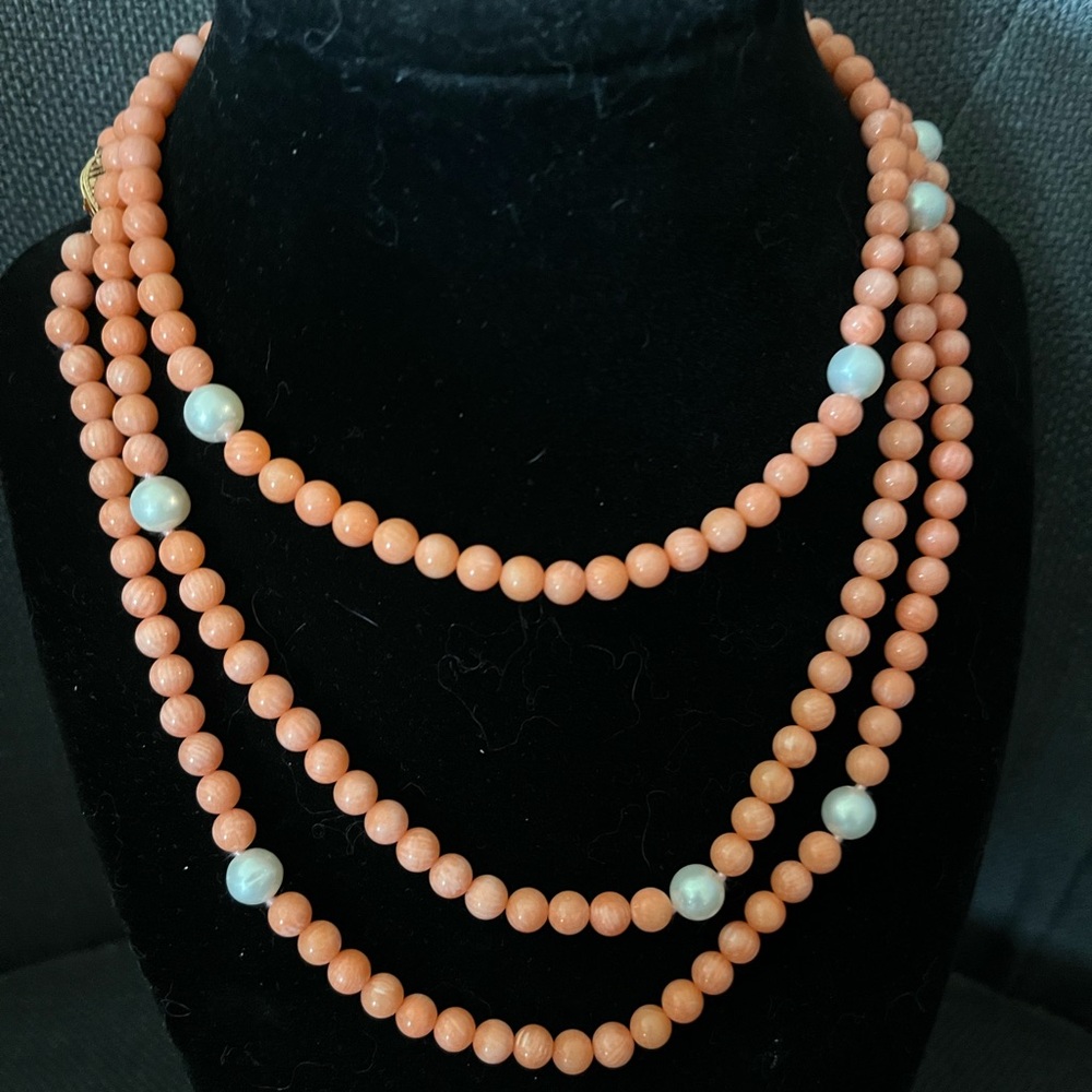 Elegant Bamboo Coral and Pearl Necklace